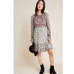 Anthropologie Gisella Beaded Tunic Dress Womens Size 4 Small Boho Ruffle